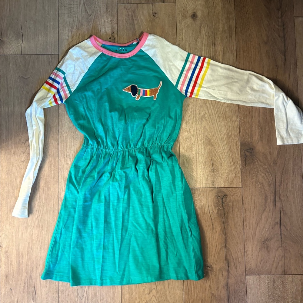 Mini Boden Teal Dachshund Dress with Pink Trim sz 11 12 Y